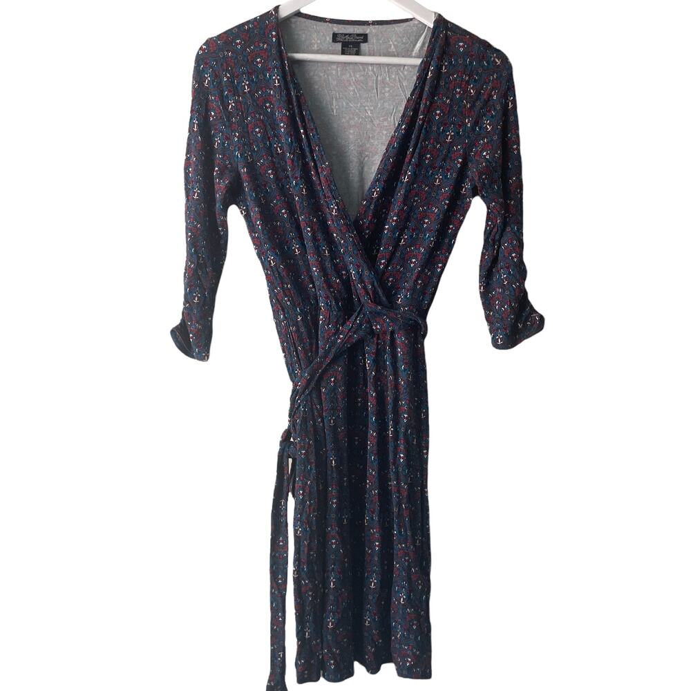 Lucky Brand Green & Red V-neck Faux Wrap Floral Knit Dress w Fabric Belt- XS